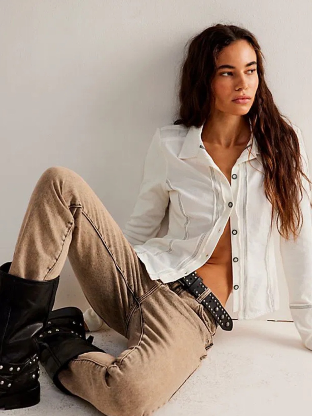 Free People We The Free Tiny Woven Top Cream Ribbed Contrast Stitch Shacket M - Picture 5 of 13